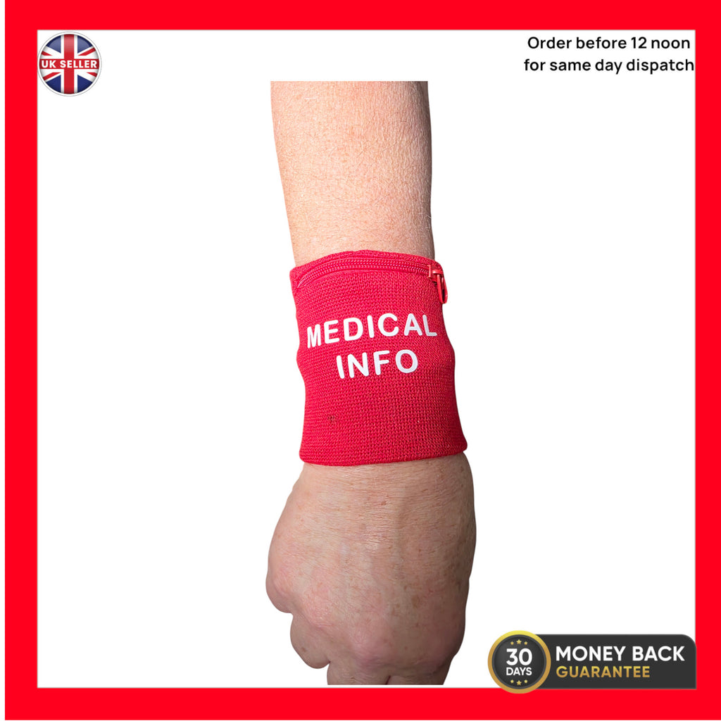 Emergency Medical Info ID  Wristband with Zipper Pocket Mobility Aid
