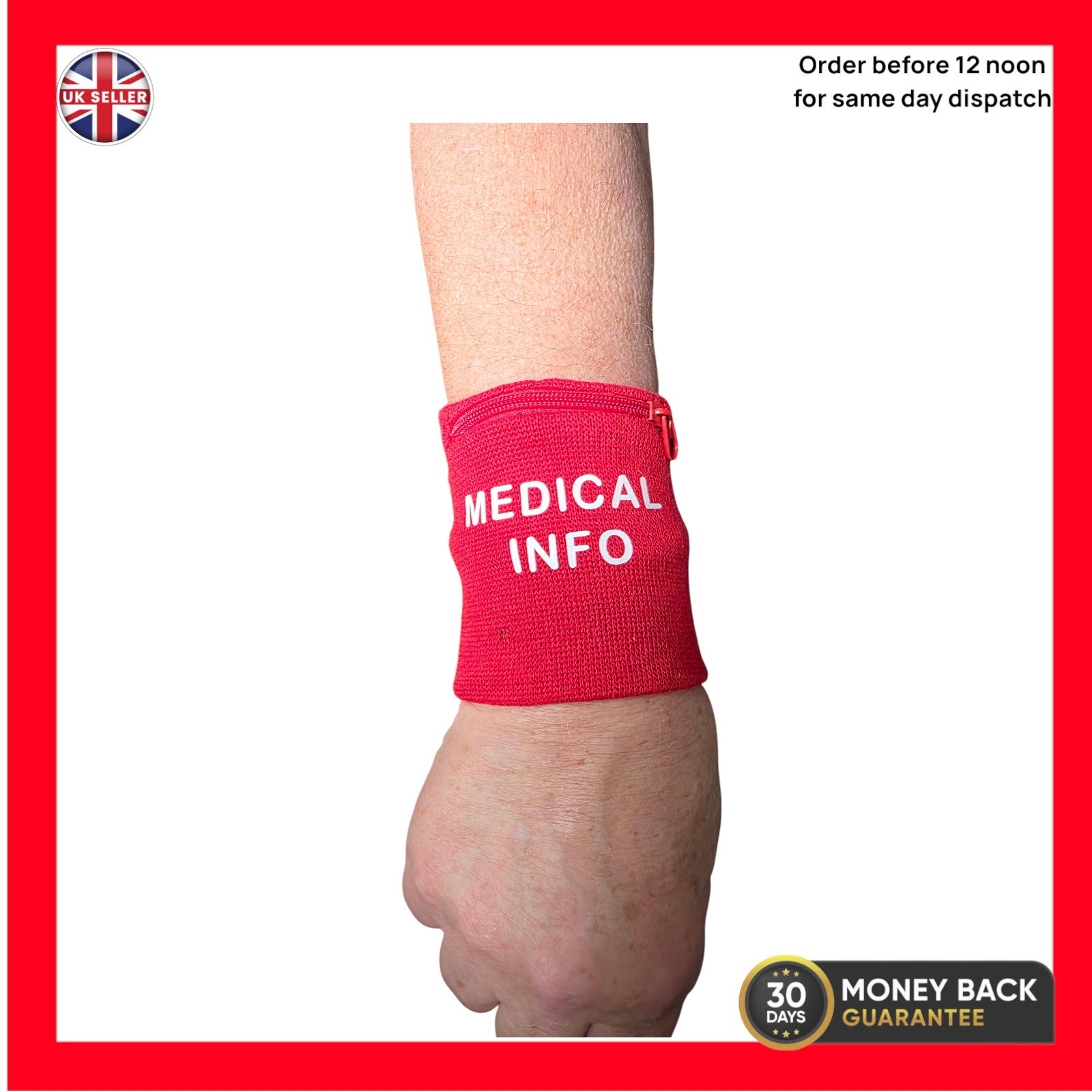 Emergency Medical Info ID  Wristband with Zipper Pocket Mobility Aid